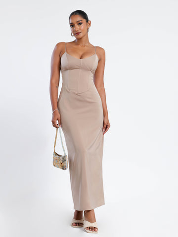 Corset Detailed Back Tie Up Satin Maxi Dress