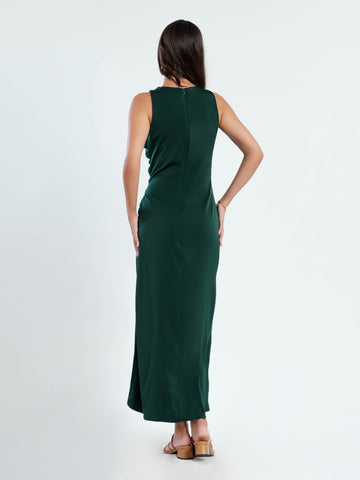 Side Ruched Slit Detailed High Neck Satin Midi Dress