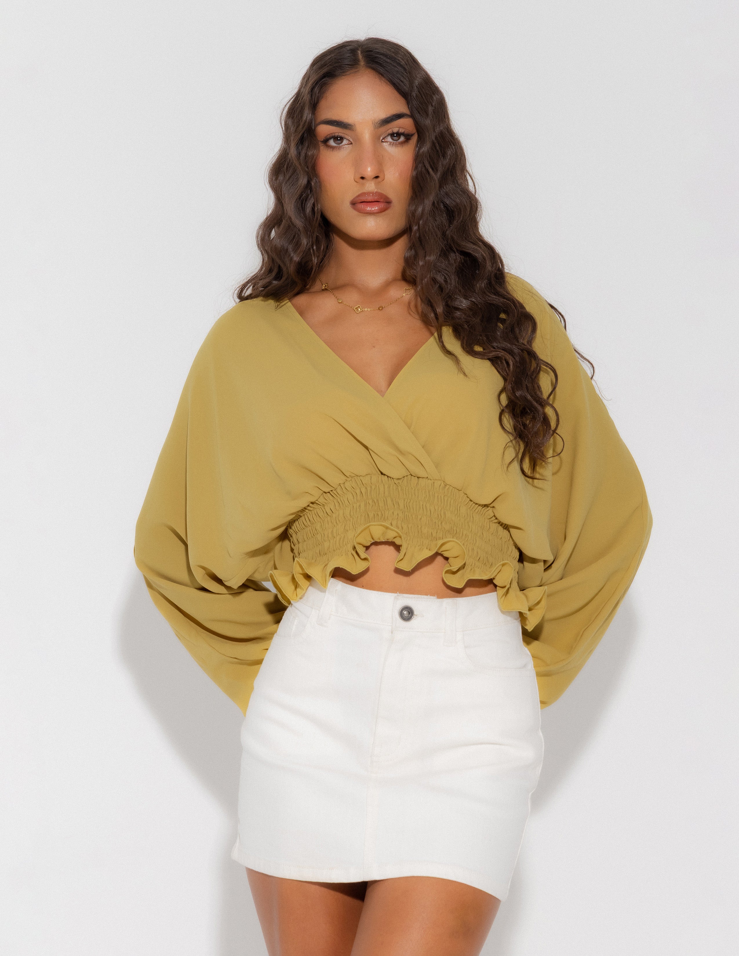 Smocking Detail Mock Wrap Top