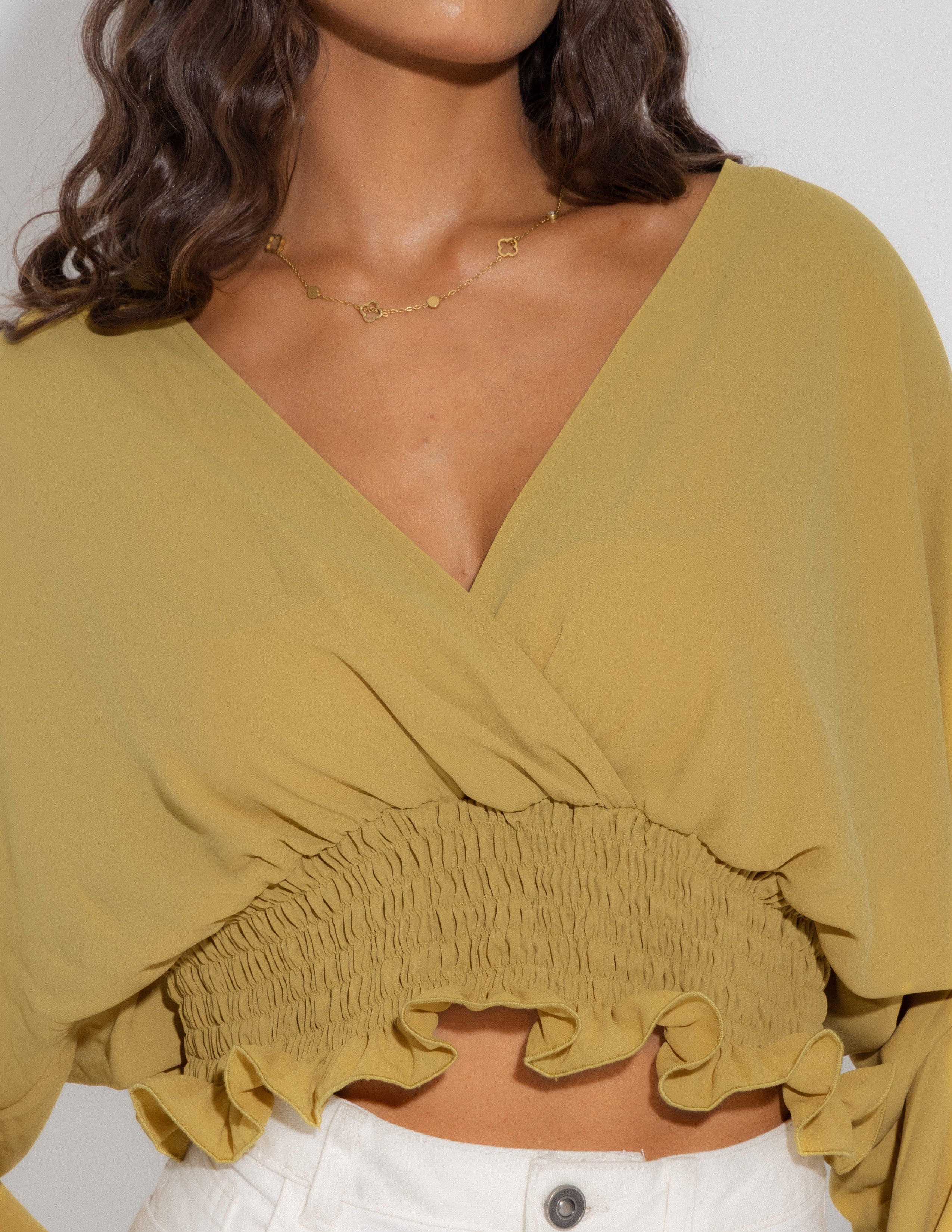 Smocking Detail Mock Wrap Top