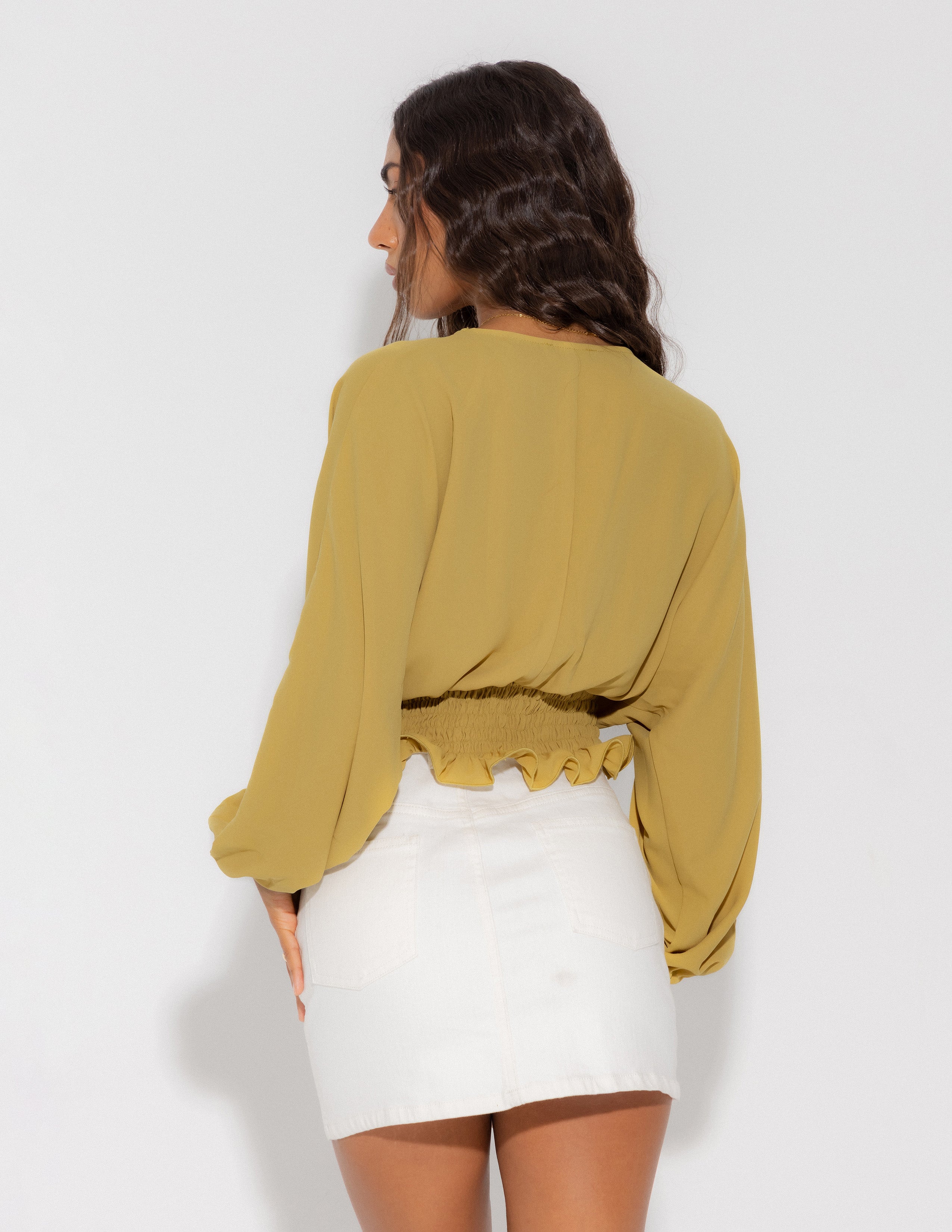 Smocking Detail Mock Wrap Top