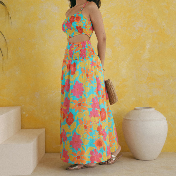 Smocking Detailed Cut Out Maxi Dress