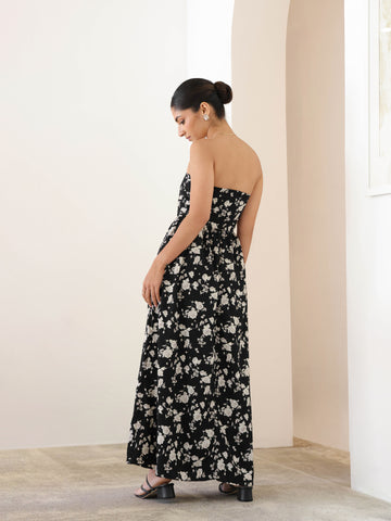 Pin Tuck Detailed Floral Printed Maxi Dress