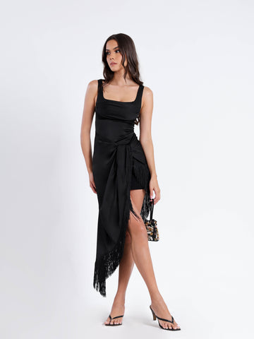 Front Twisted Fringe Detailed Satin Dress