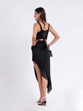 Front Twisted Fringe Detailed Satin Dress