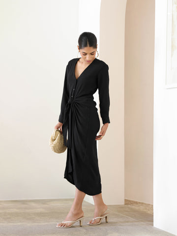 Mock Wrap Detailed Long Sleeved Midi Dress