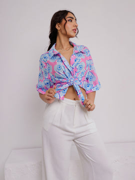 Button Down Oversized Short Sleeved Printed Top