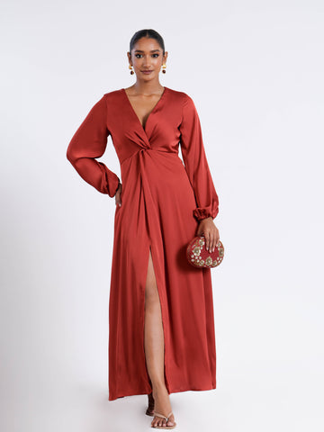 Front Twist Detailed Balloon Sleeved Satin Midi Dress