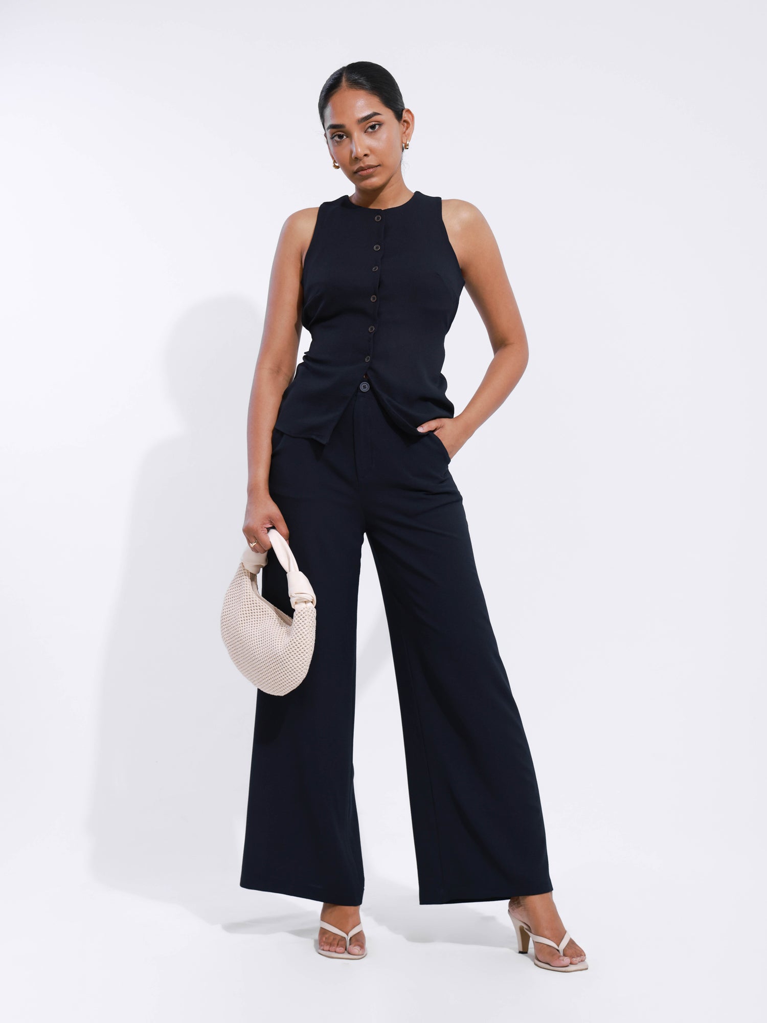 Button Down High Neck Sleeveless Back Tieup Top