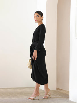 Mock Wrap Detailed Long Sleeved Midi Dress