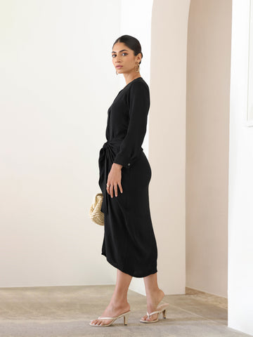 Mock Wrap Detailed Long Sleeved Midi Dress