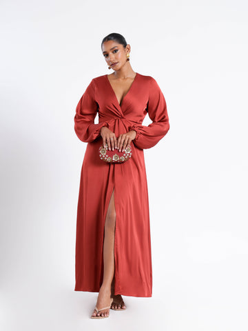 Front Twist Detailed Balloon Sleeved Satin Midi Dress