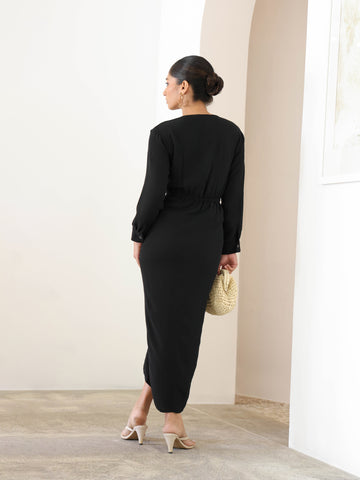 Mock Wrap Detailed Long Sleeved Midi Dress