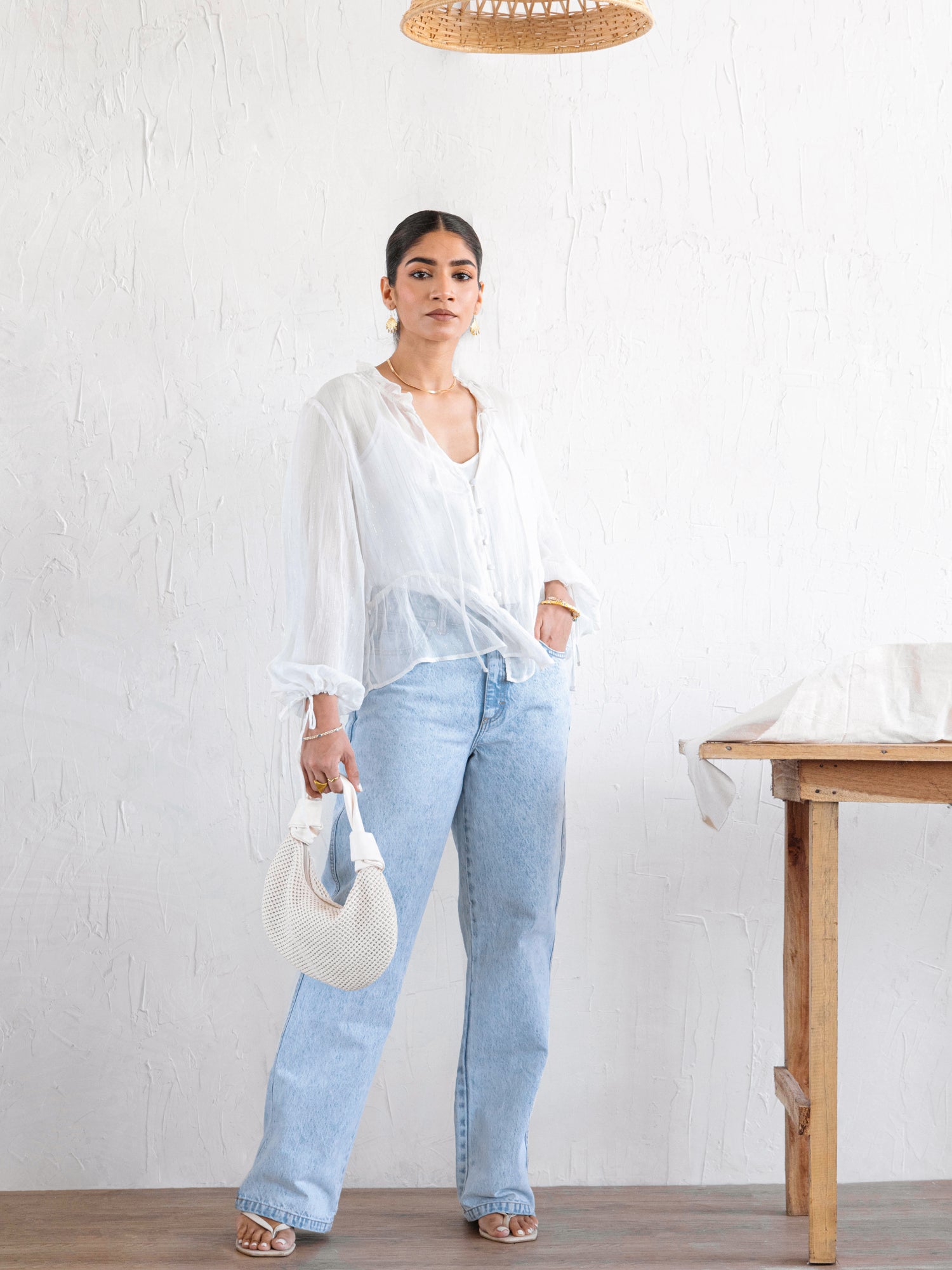 Button Down Balloon Sleeved Top