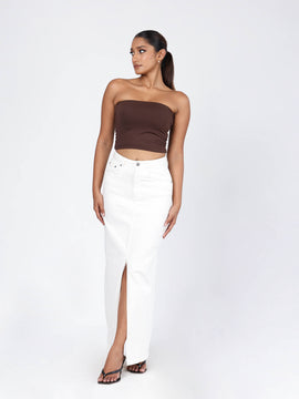 High Waist White Denim Front Slit Maxi Skirt