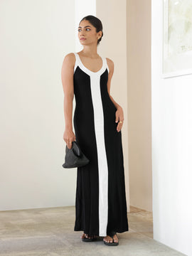 Contrast Pannel Detailed Soft Linen Maxi Dress