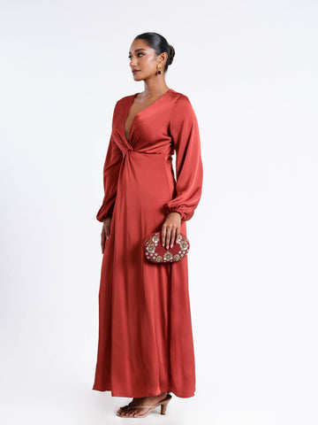 Front Twist Detailed Balloon Sleeved Satin Midi Dress