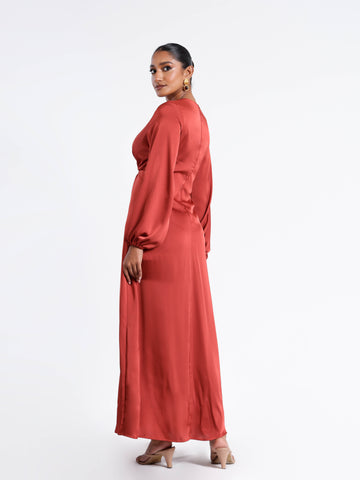 Front Twist Detailed Balloon Sleeved Satin Midi Dress