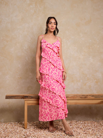 Frill Detailed Printed Maxi Dress