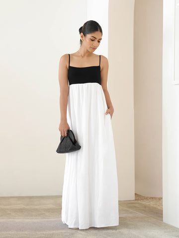 Contrast Pannel Detailed Back Smocked Maxi Dress