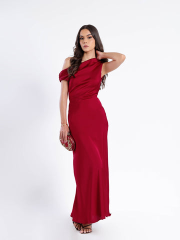 Off Shoulder Bias Satin Maxi Dress