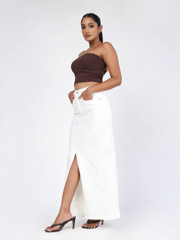 High Waist White Denim Front Slit Maxi Skirt