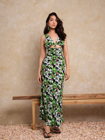 Bustier Detailed Front Tie Up Bias Maxi Dress