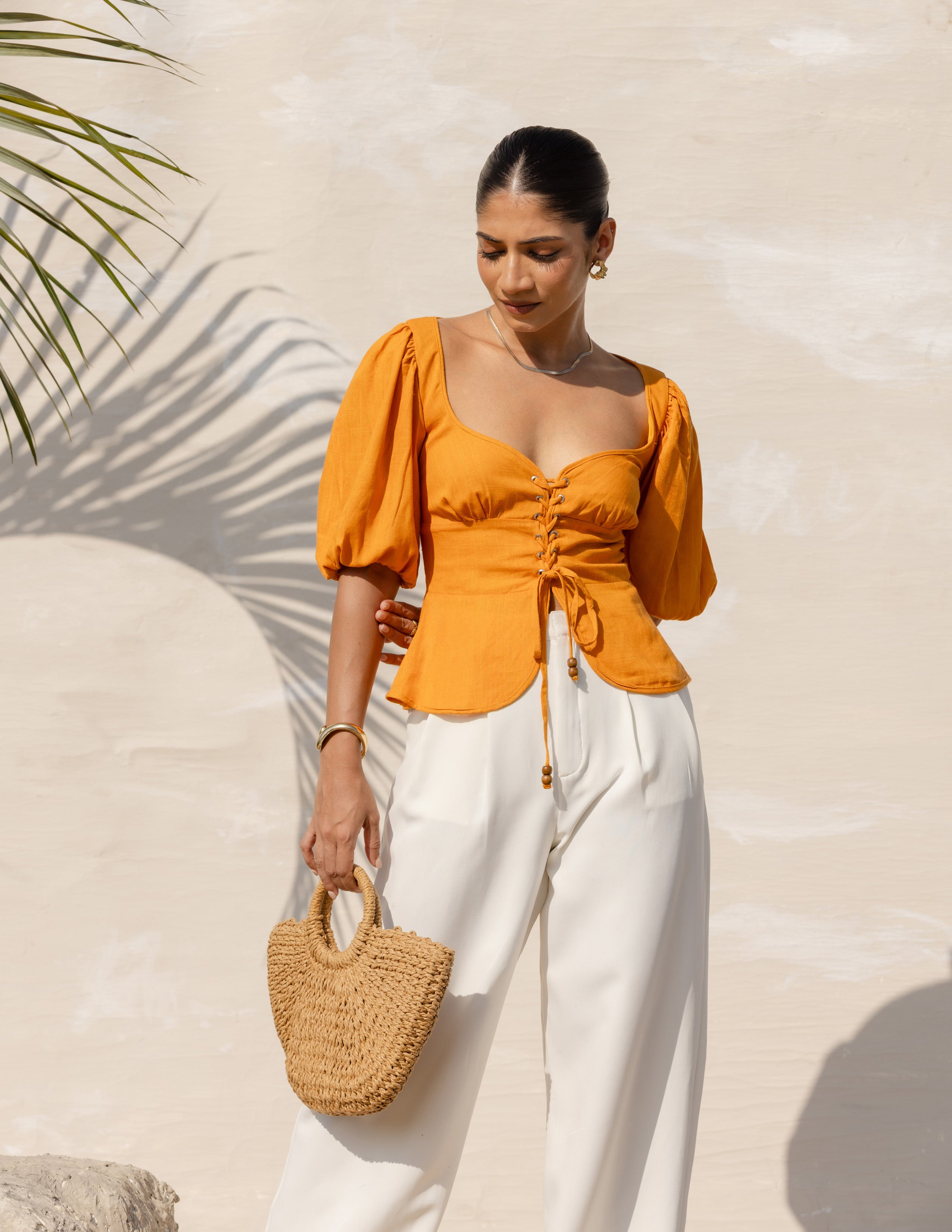 Balloon Sleeved Front Tie Up Top