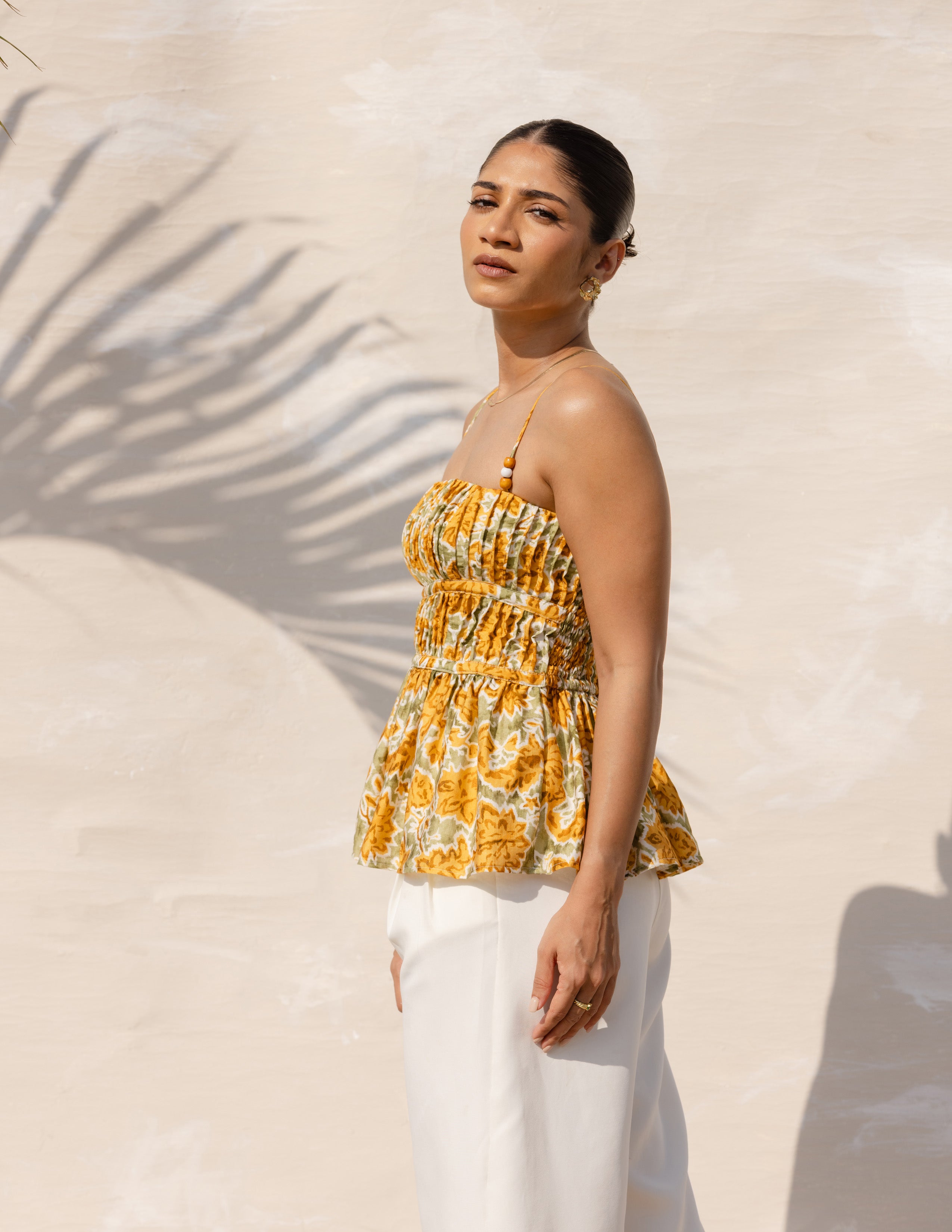 Pin Tuck Detailed Sleeveless Printed Top