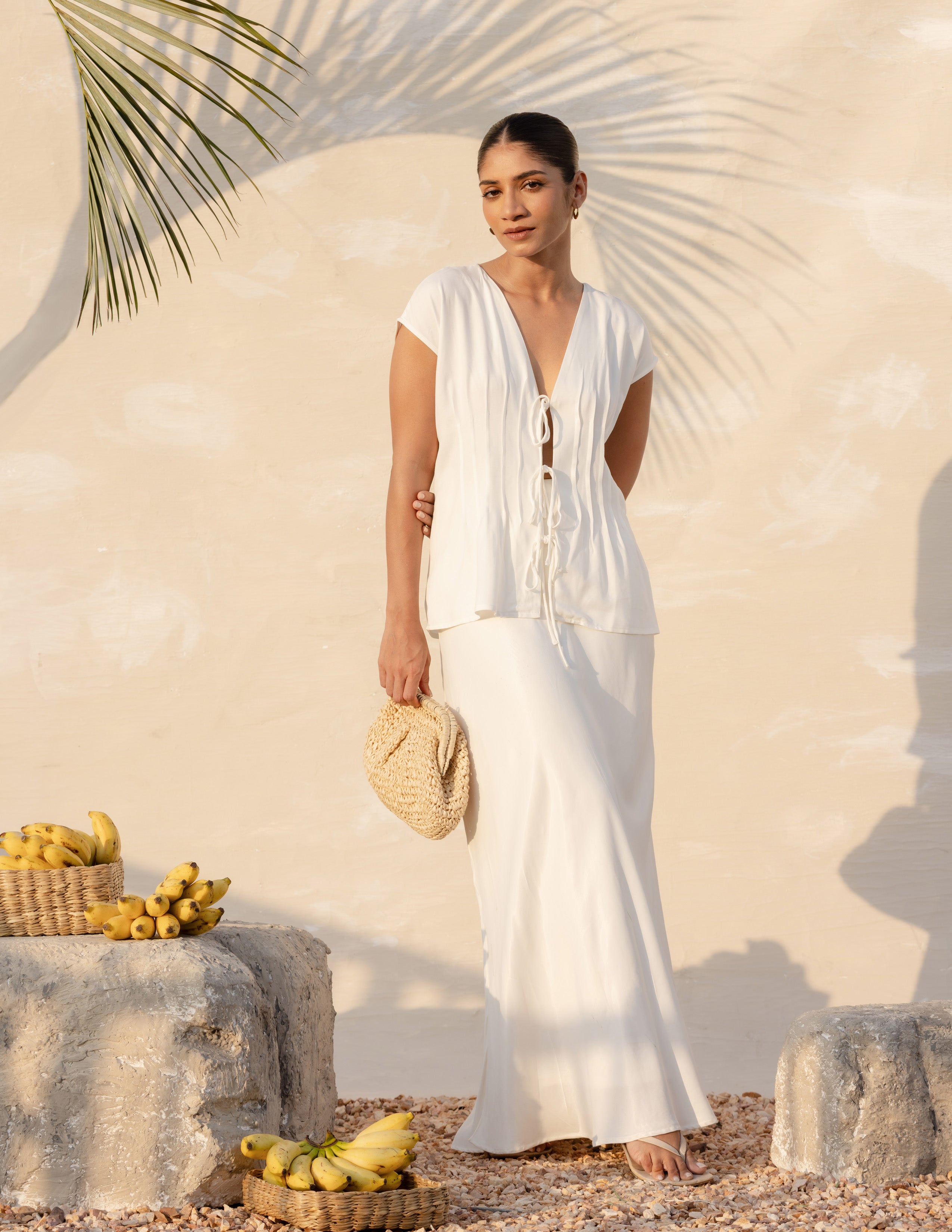 Pintuck Detailed Front Tie Up Top