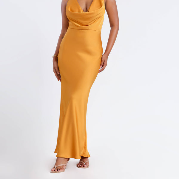 Deep Cowl Neck Back Tie Up Satin Maxi Dress