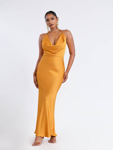 Deep Cowl Neck Back Tie Up Satin Maxi Dress