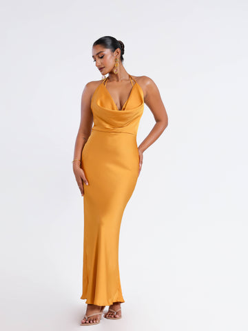 Deep Cowl Neck Back Tie Up Satin Maxi Dress