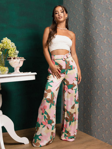 High Waist Belt Detailed Printed Pant