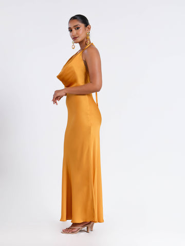 Deep Cowl Neck Back Tie Up Satin Maxi Dress