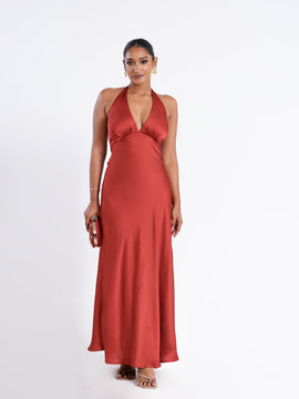 Bustier Detailed Halter Neck Bias Satin Maxi Dress