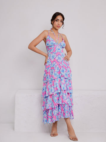 Back Tie Up Layered Printed Maxi Dress