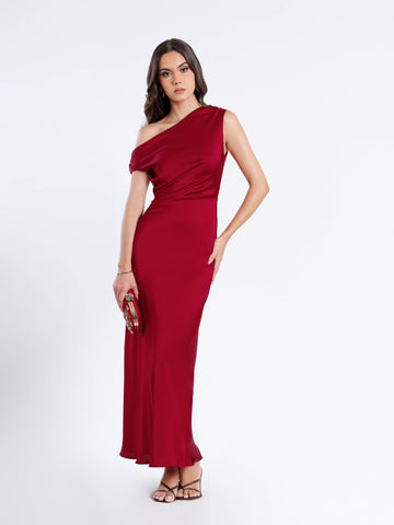 Off Shoulder Bias Satin Maxi Dress