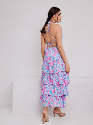 Back Tie Up Layered Printed Maxi Dress