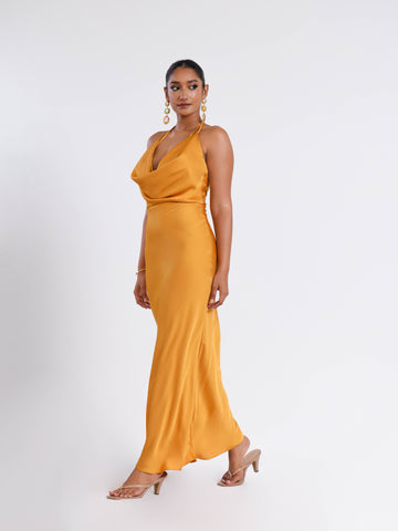 Deep Cowl Neck Back Tie Up Satin Maxi Dress