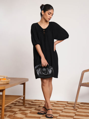 Puff Sleeve Front Tieup Mini Dress