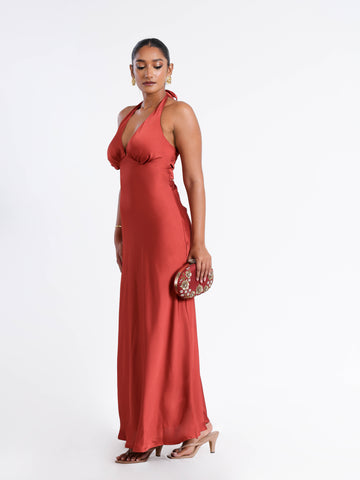 Bustier Detailed Halter Neck Bias Satin Maxi Dress