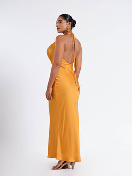 Deep Cowl Neck Back Tie Up Satin Maxi Dress