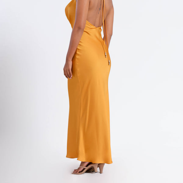 Deep Cowl Neck Back Tie Up Satin Maxi Dress