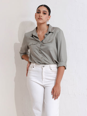 Button Down Double Pocket Long Sleeve Top