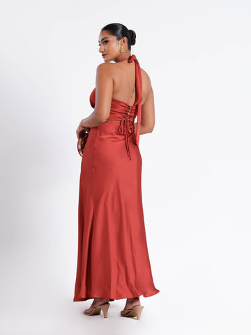 Bustier Detailed Halter Neck Bias Satin Maxi Dress