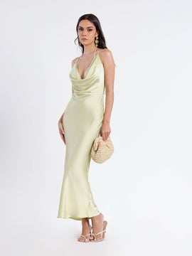 Deep Cowl Neck Back Tie Up Satin Maxi Dress