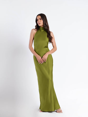 Halter Neck Back Tie Up Bias Satin Maxi Dress