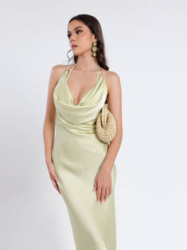 Deep Cowl Neck Back Tie Up Satin Maxi Dress