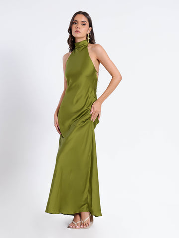 Halter Neck Back Tie Up Bias Satin Maxi Dress